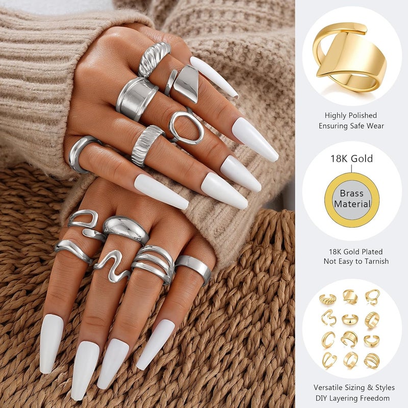 17mile Chunky Gold Stackable Rings for Women Non Tarnish, 18K Gold-Plated Statement Open Stacking Rings, Knuckle Band Ring Set - Image 4